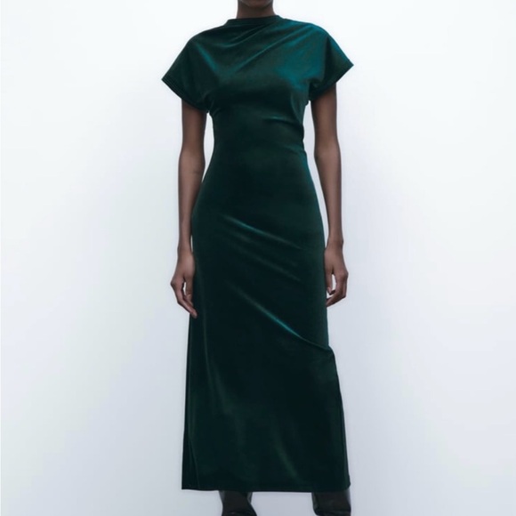 Zara Maxi Draped Velvet Dress in Emerald Green - Size L - New, No Tag - Picture 2 of 8